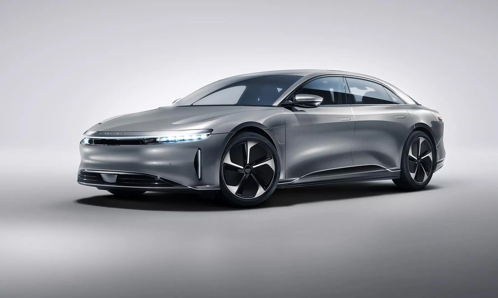Silver Lucid Air Pure electric luxury sedan viewed from the front.