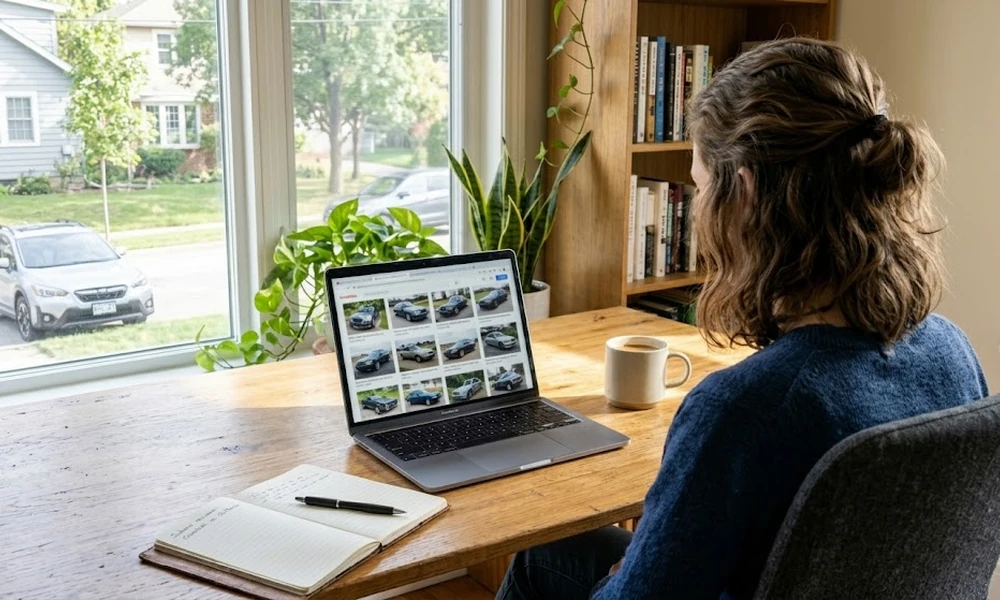 Women browsing used car listings on a laptop with a notebook and coffee on the desk