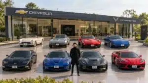 A lineup of Chevrolet Corvette cars from C1 to C8 generations, including classic and modern models in various colors, parked outside a Chevrolet Corvette showroom.