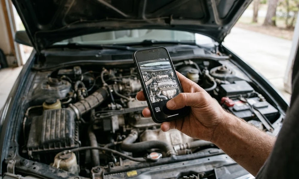 Hand holding a smartphone to photograph the engine bay of a used car