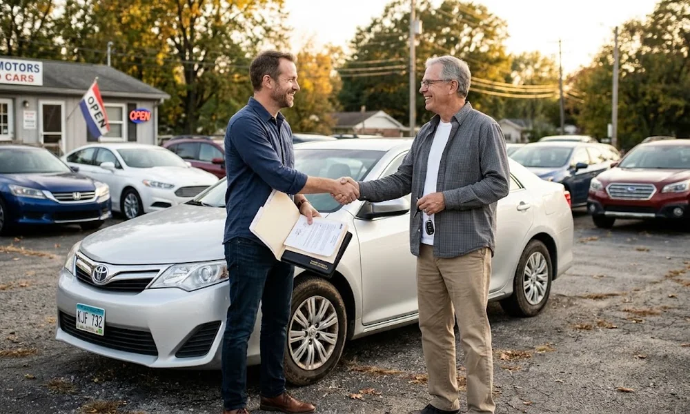 Two men shaking hands beside a silver sedan on a used car lot