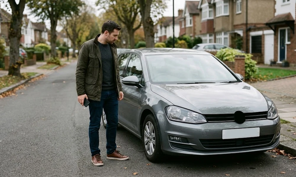 Man inspecting the front of a grey hatchback parked on a residential street