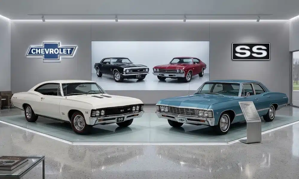 White 1967 Chevrolet Impala SS and blue standard Impala displayed side by side in a showroom