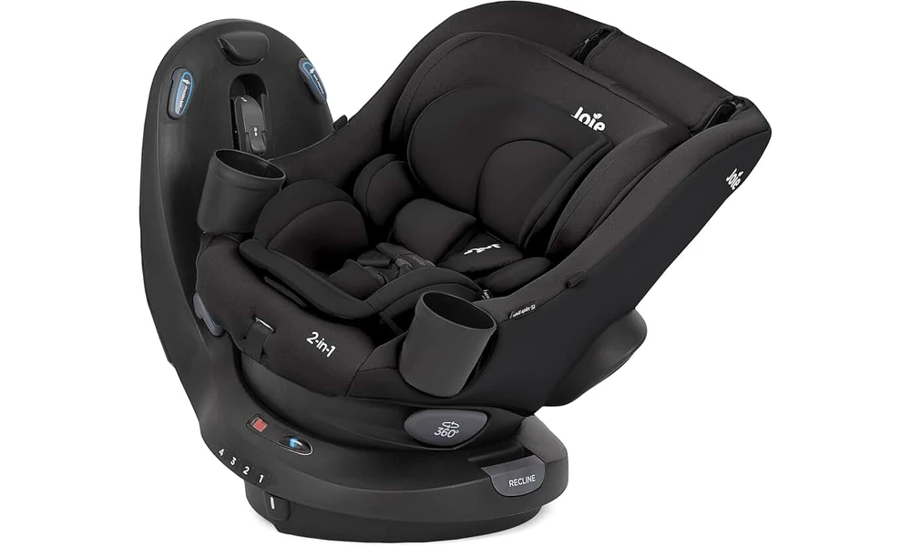 Joie Chili Spin SI rotating child car seat with padded black upholstery and cup holders