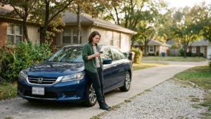 Woman standing beside a blue sedan in a driveway while checking her phone
