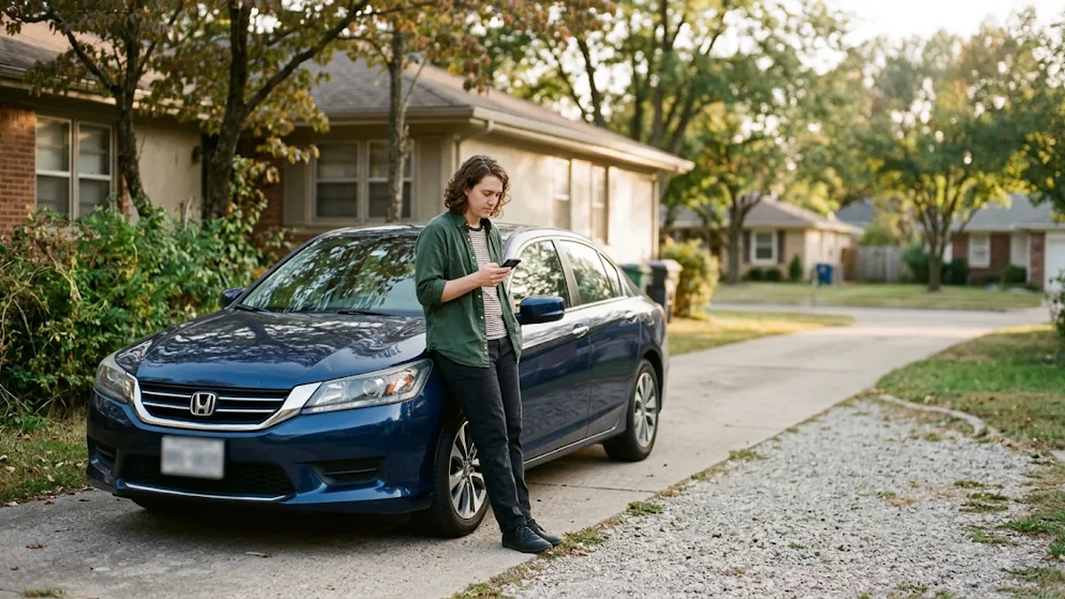 Woman standing beside a blue sedan in a driveway while checking her phone