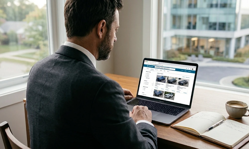 Man researching used car listings on a laptop beside a window