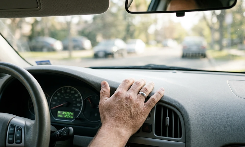 Hand resting on a car dashboard above the odometer and steering wheel