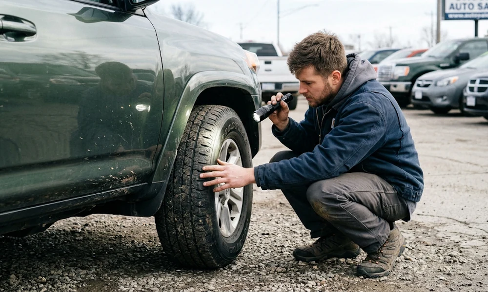 Man crouching to inspect the tire and wheel of a green SUV with a flashlight