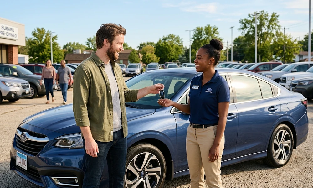 Dealership employee handing car keys to a customer beside a blue sedan