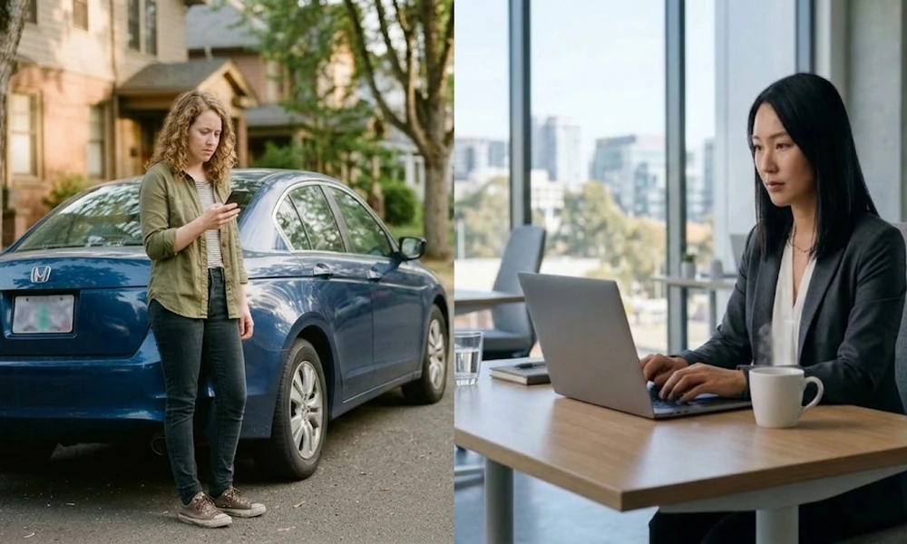 Woman checking her car on her phone next to a woman comparing prices on a laptop