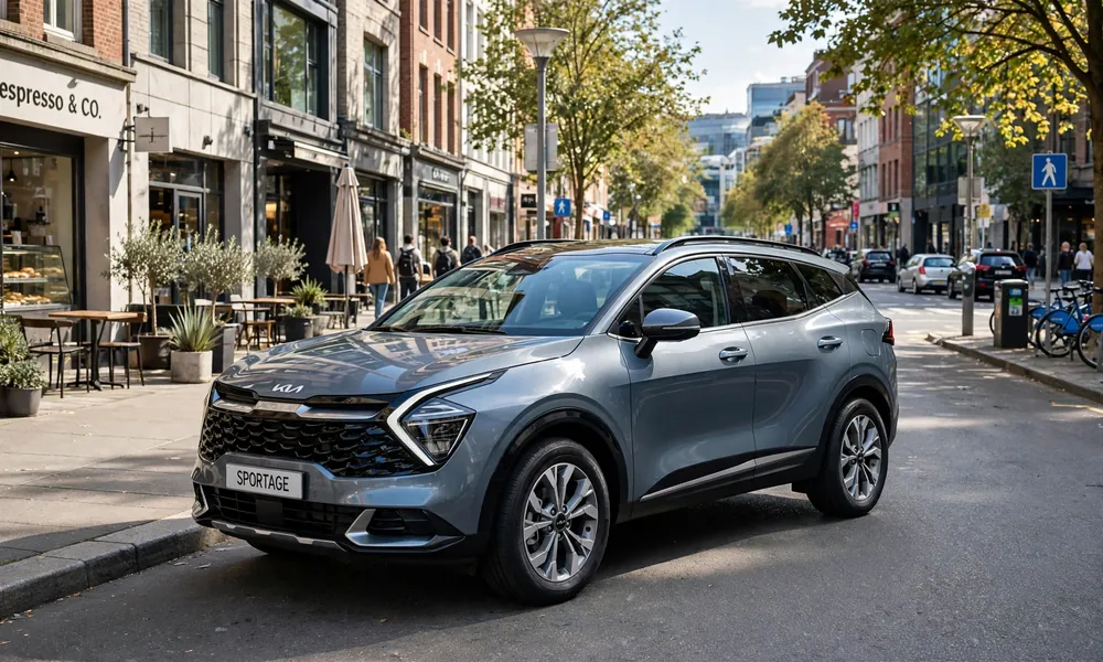 Gray Kia Sportage SUV parked curbside on a city street with espresso bar and shops, front three-quarter view, sharp LED headlights and alloy wheels in daylight.