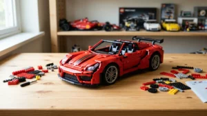 Red LEGO sports car on a wooden table beside loose bricks and an instruction booklet