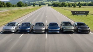 Front view of six Lucid luxury electric cars in a row on a wide highway with green grass fields, featuring Lucid Air sedans and Lucid Gravity SUVs, with a large Lucid sign on the side of the road.