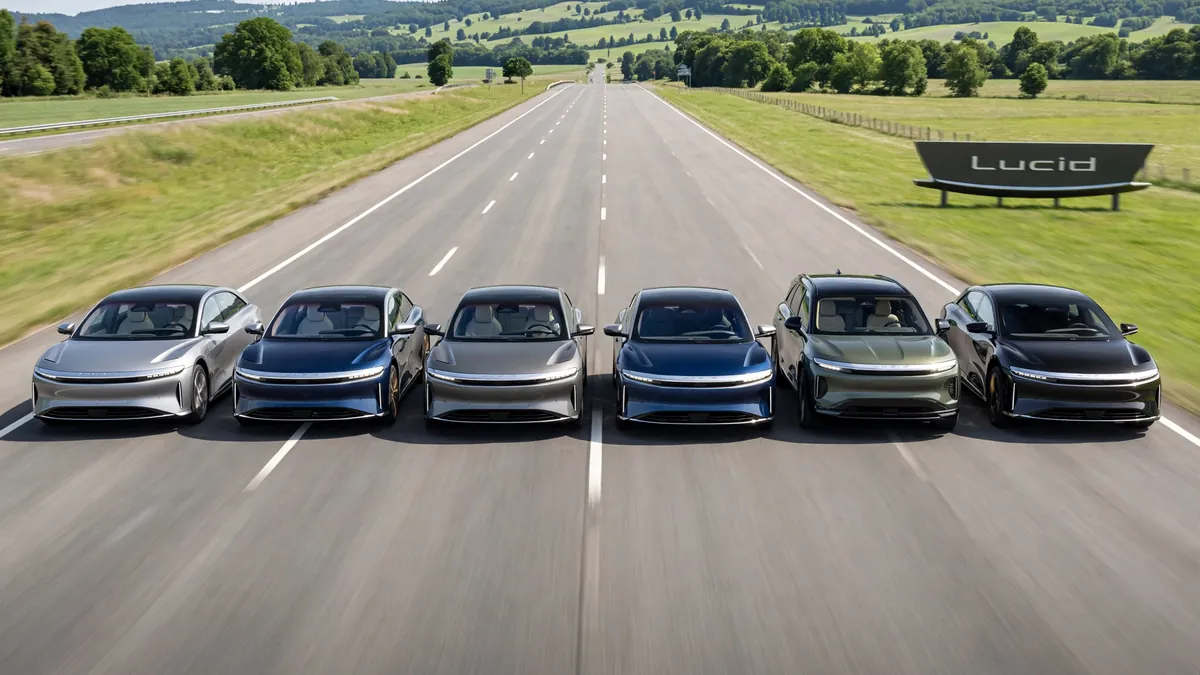 Front view of six Lucid luxury electric cars in a row on a wide highway with green grass fields, featuring Lucid Air sedans and Lucid Gravity SUVs, with a large Lucid sign on the side of the road.