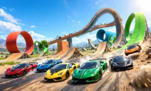 Madalin Stunt Cars complete guide with colorful supercars racing on massive stunt track with loops and ramps