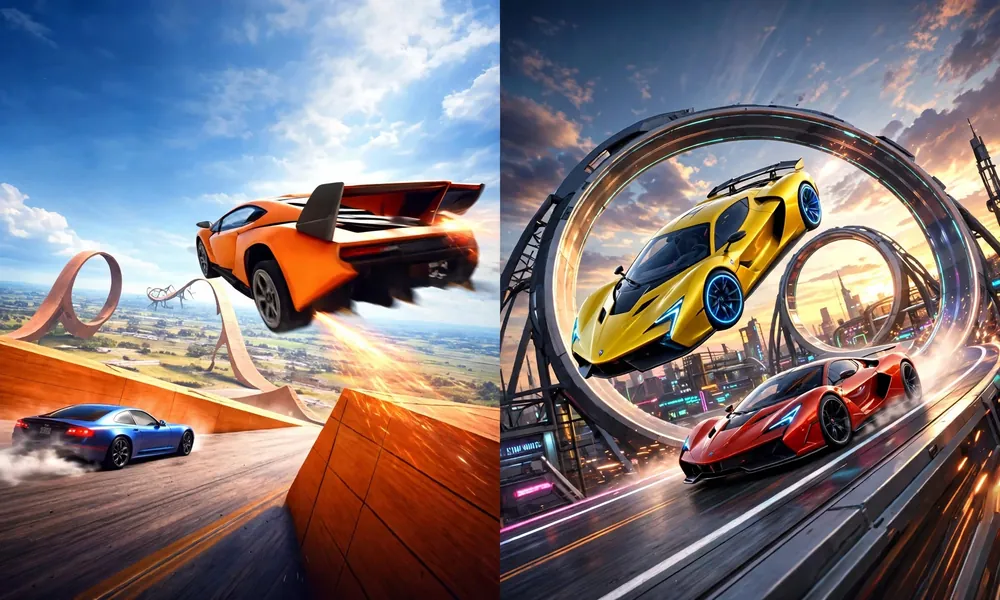 Madalin Stunt Cars 2 vs Madalin Stunt Cars 3 comparison showing orange classic sports car doing ramp jump versus yellow supercar performing loop stunt with improved graphics