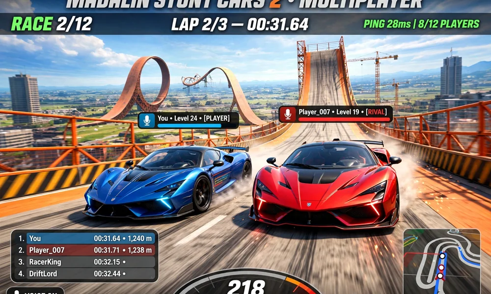 Two supercars racing side by side on elevated stunt track in Madalin Stunt Cars multiplayer mode