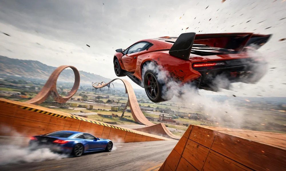 Red supercar performing mid-air stunt jump off ramp with smoke and another car drifting below