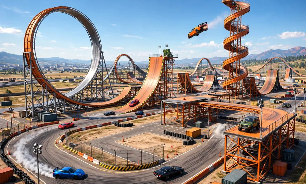 Huge stunt driving environment with loops, spiral tower, ramps and open roads for freestyle driving