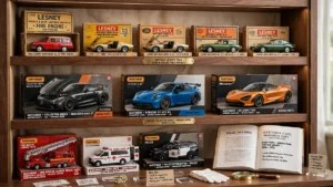 Premium Matchbox cars collector display shelf featuring vintage 1964 Lesney models with original boxes on top shelf, modern collector series Moving Parts sports cars including Mercedes-AMG GT, Porsche 911 GT3 RS and McLaren 720S in middle, and emergency vehicles including fire ladder truck, ambulance and police interceptor with collector's guide book below