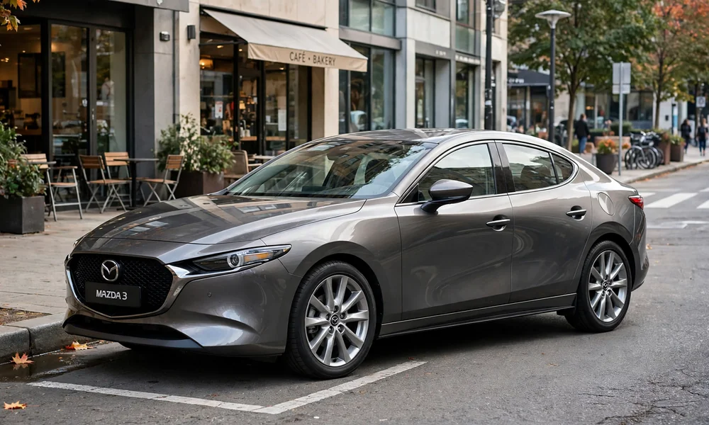 Gray Mazda 3 sedan parked curbside in an urban setting with café seating, front three-quarter view in natural daylight showing signature grille and sleek profile.