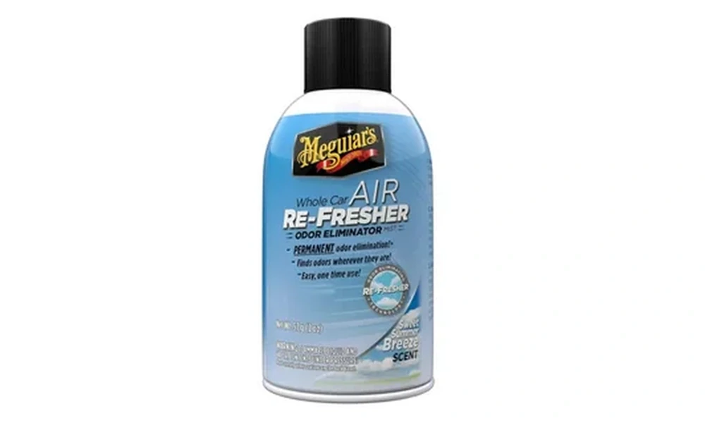 Blue can of Meguiar's Whole Car Air Re-Fresher odor eliminator in Sweet Summer Breeze scent
