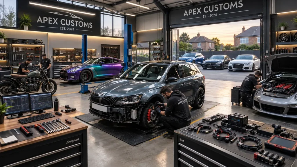 Car customization shop with a gray hatchback on the floor and tools laid out on a workbench