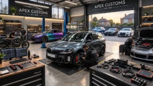 Car customization shop with a gray hatchback on the floor and tools laid out on a workbench