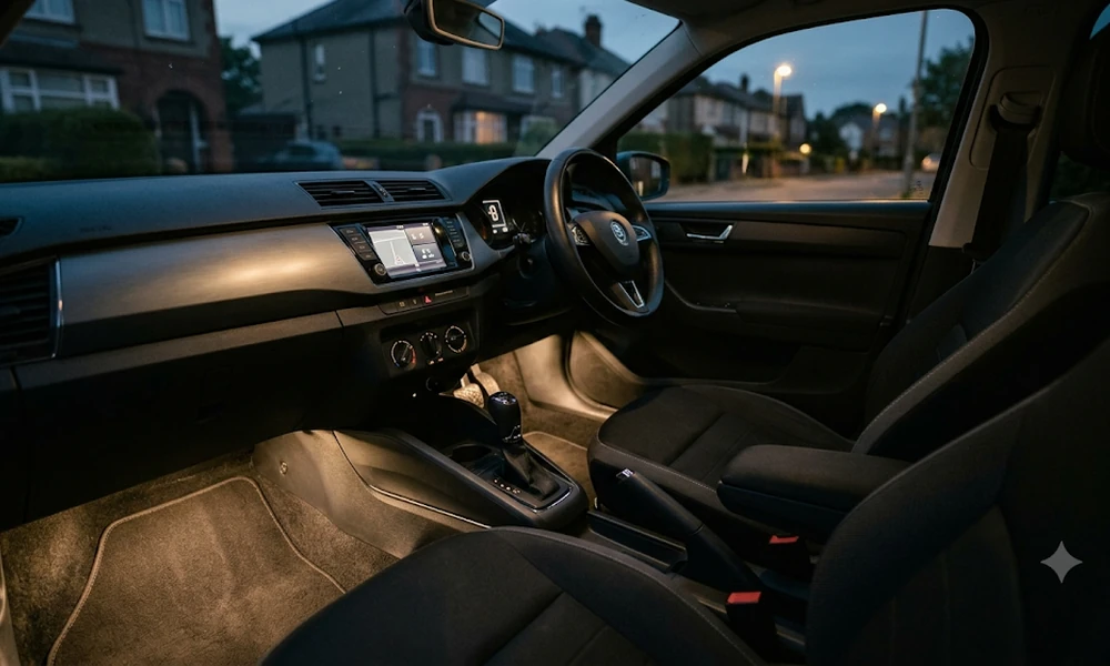 Car interior with soft ambient lighting glowing in the front footwell