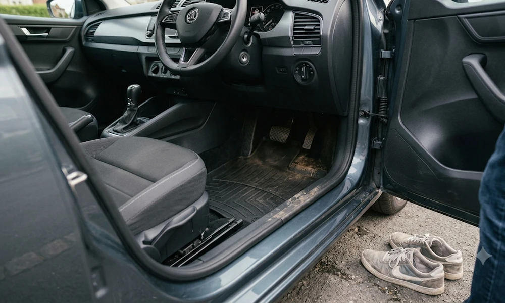 Person fitting black rubber floor mats in the driver's footwell of a gray car