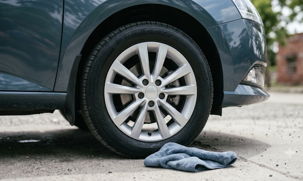 Clean silver alloy wheel on a gray car with a microfiber cloth on the ground