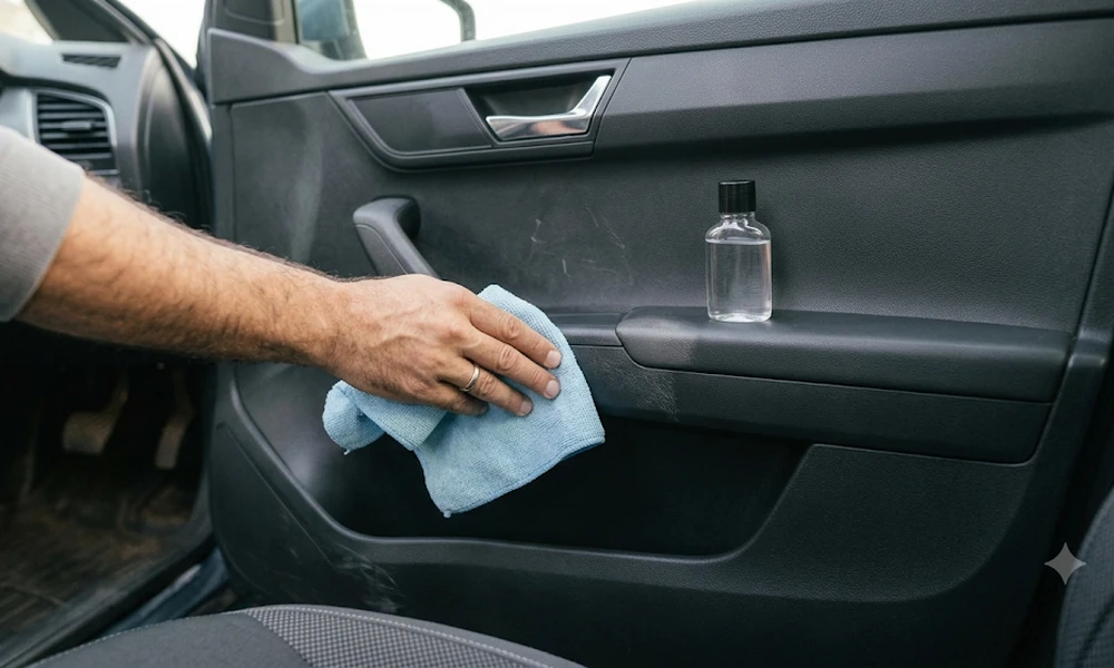 Hand wiping a car door panel with a blue microfiber cloth