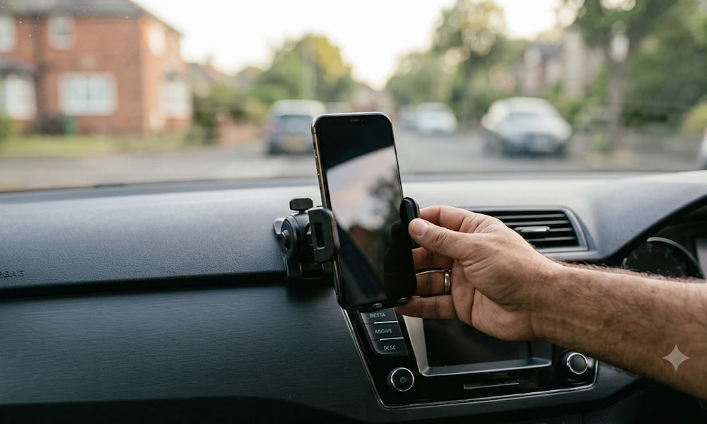 Hand placing a smartphone into a dashboard phone mount