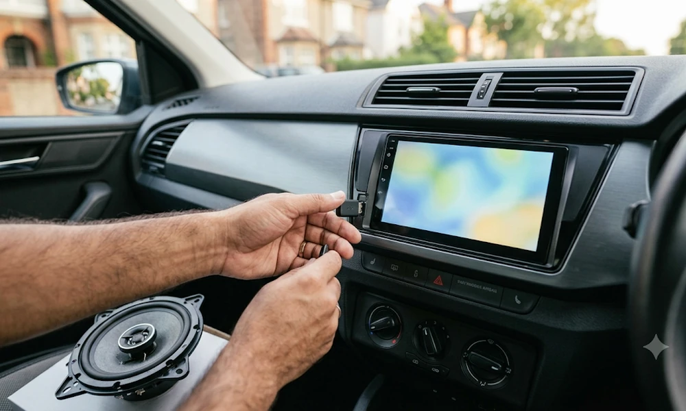 Hands working on a car stereo head unit with a new speaker on the seat below