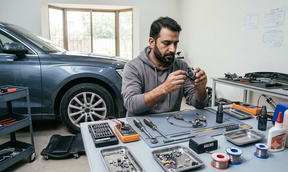 Man organizing electronic parts and tools on a workbench beside a gray car