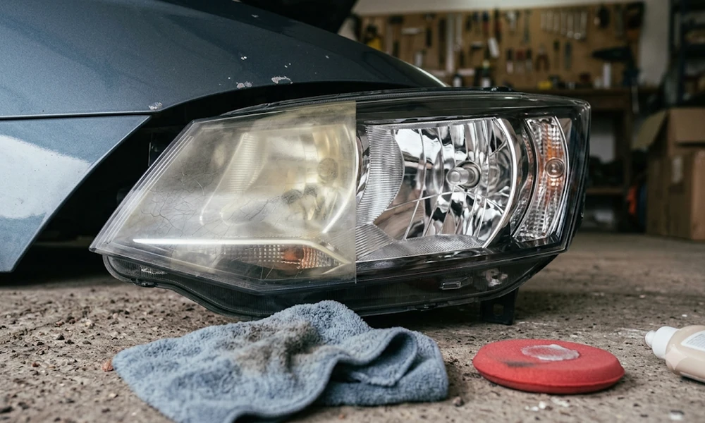 Yellowed headlight lens next to a polishing pad and cloth on a garage floor
