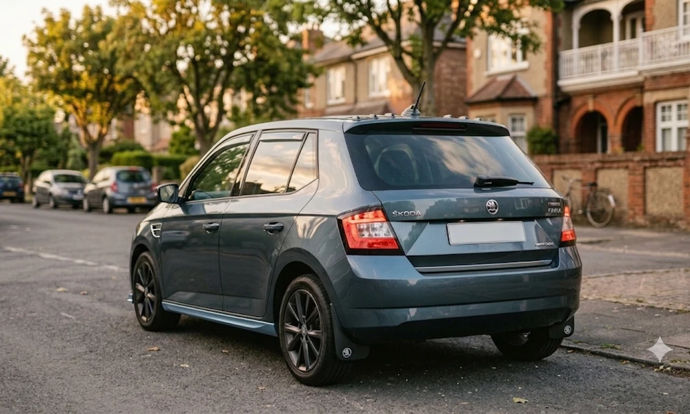 Gray hatchback parked on a residential street, seen from the rear