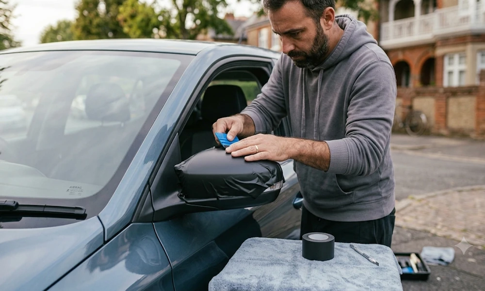 Man applying black vinyl wrap to a car's side mirror cap