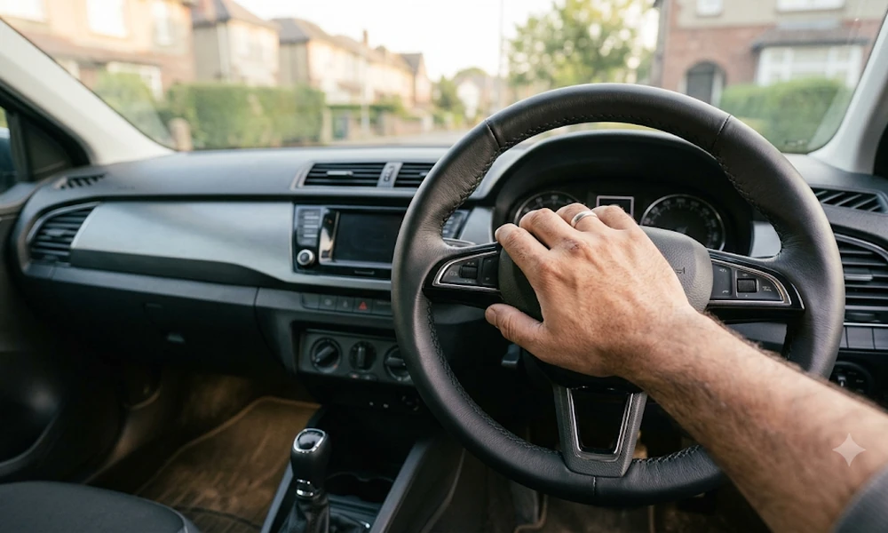 Hand gripping a car steering wheel with the dashboard visible behind it