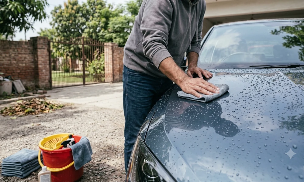 Man wiping a gray car's hood with a cloth next to a bucket and towels