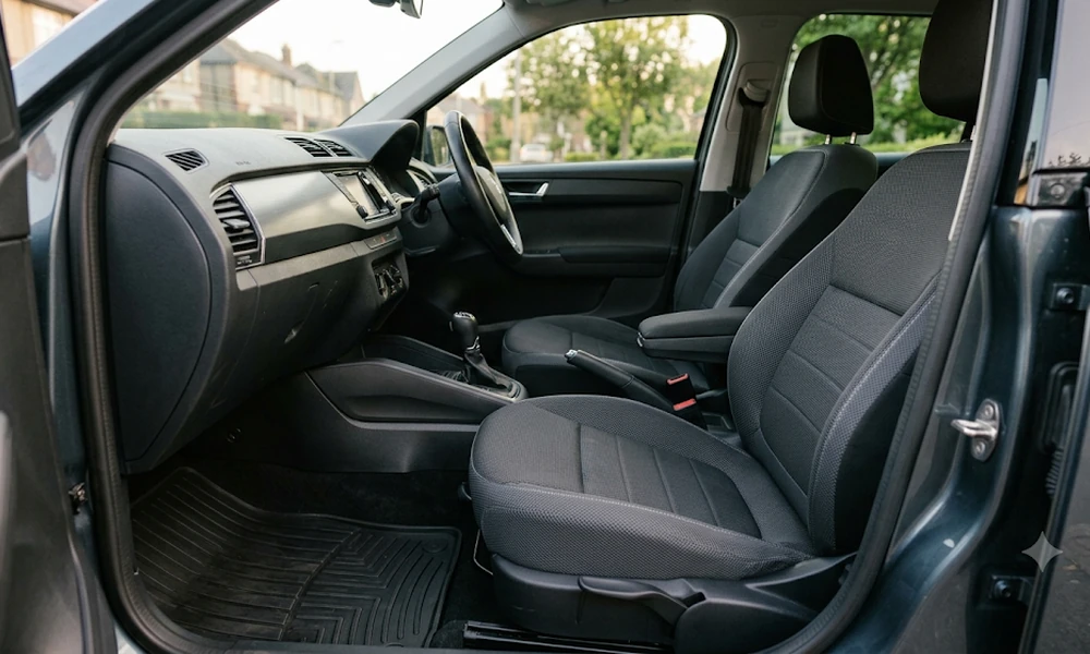 Front seat of a gray car with a fitted black seat cover, seen through the open door