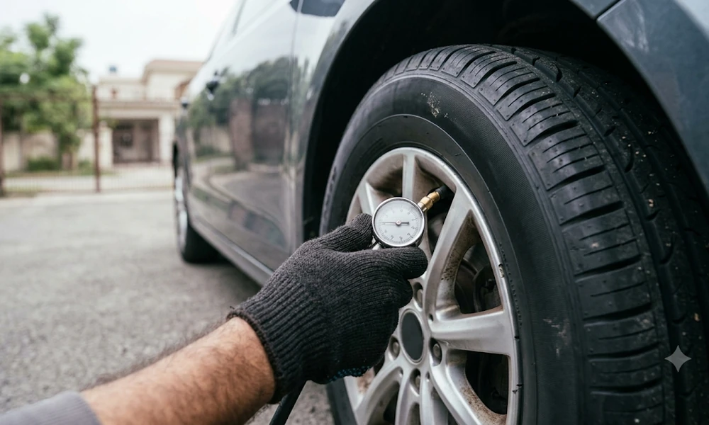 Gloved hand checking tire pressure with a gauge on a car wheel