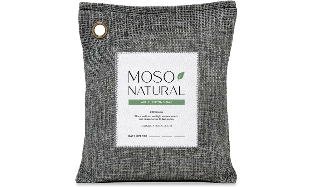 Gray 200-gram Moso Natural air purifying bag made of bamboo charcoal with a hanging loop