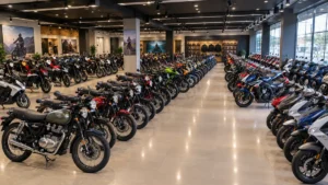 Large motorcycle showroom with rows of cruisers, sport bikes and scooters on a polished floor, with riding gear and helmets displayed on the back wall