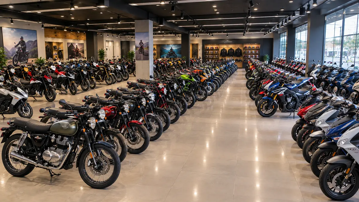 Large motorcycle showroom with rows of cruisers, sport bikes and scooters on a polished floor, with riding gear and helmets displayed on the back wall