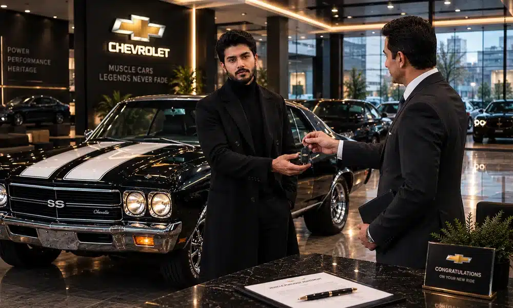 A man in a black coat receives the keys to a classic black muscle car from a showroom manager.