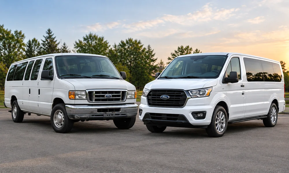 Two white Ford passenger vans parked side by side at sunset-Passenger Vehicles