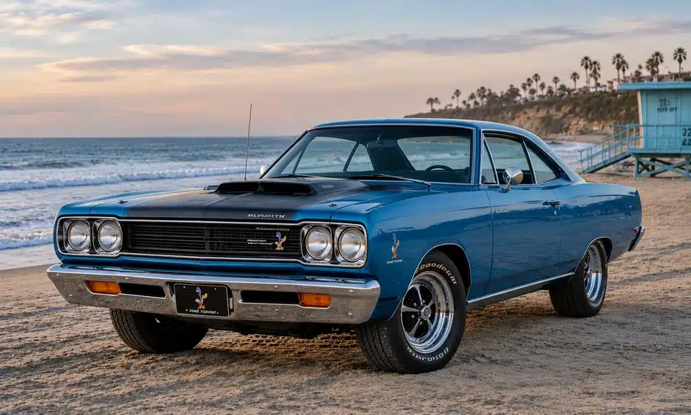 Blue Plymouth Road Runner classic muscle car with chrome bumpers parked on a beach near the ocean.