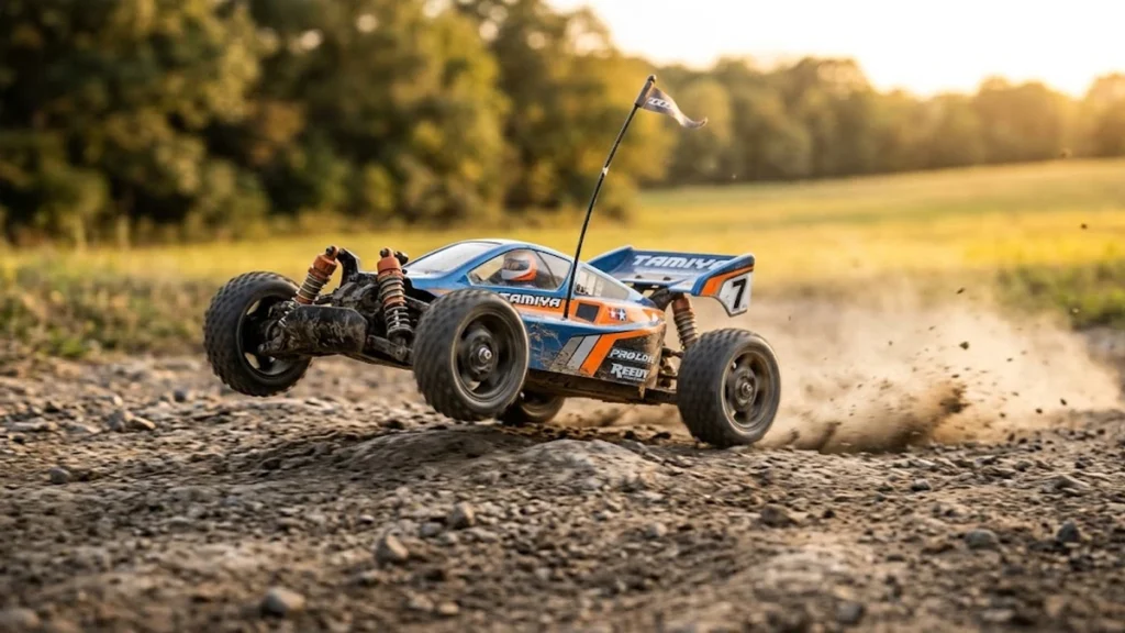 RC buggy kicking up dust as it races across a dirt track
